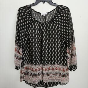 Moa Moa Sheer BOHO Peasant Top Blouse Long Sleeve Black Contrasting Border Sz M